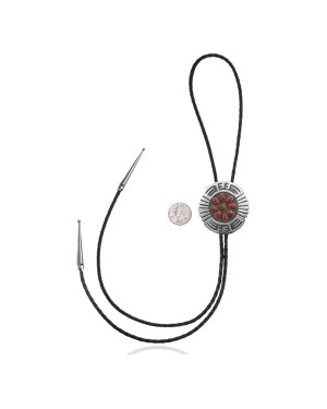 Handmade Certified Authentic Navajo .925 Sterling Silver Native American Coral Bolo Tie 34186