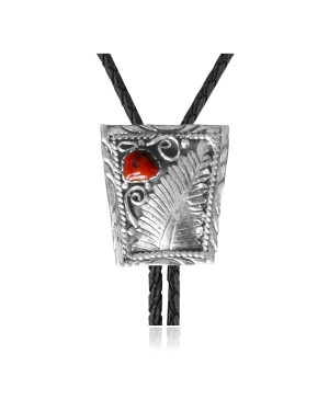 Feather .925 Sterling Silver Certified Authentic Handmade Navajo Native American Coral Bolo Tie 34172
