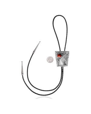 Feather .925 Sterling Silver Certified Authentic Handmade Navajo Native American Coral Bolo Tie 34172