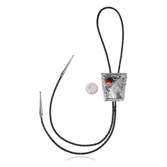 Feather .925 Sterling Silver Certified Authentic Handmade Navajo Native American Coral Bolo Tie 34172