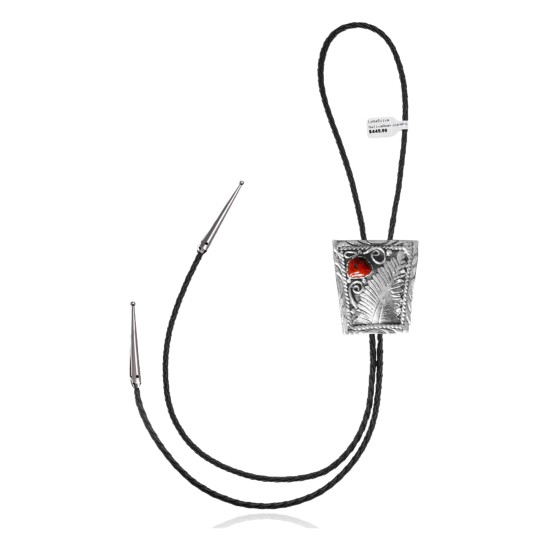 Feather .925 Sterling Silver Certified Authentic Handmade Navajo Native American Coral Bolo Tie 34172