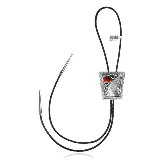 Feather .925 Sterling Silver Certified Authentic Handmade Navajo Native American Coral Bolo Tie 34172