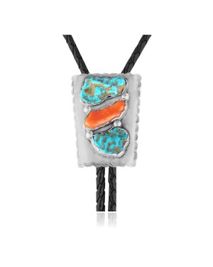 Handmade Certified Authentic Navajo .925 Sterling Silver Native American Natural Turquoise Coral Bolo Tie 34180