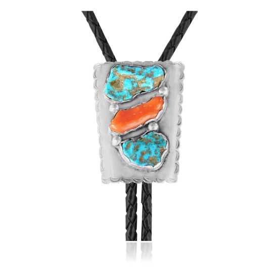 Handmade Certified Authentic Navajo .925 Sterling Silver Native American Natural Turquoise Coral Bolo Tie 34180 Handmade Certified Authentic Navajo .925 Sterling Silver Native American Natural Turquoise Coral Bolo Tie 34180