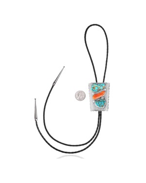 Handmade Certified Authentic Navajo .925 Sterling Silver Native American Natural Turquoise Coral Bolo Tie 34180 Handmade Certified Authentic Navajo .925 Sterling Silver Native American Natural Turquoise Coral Bolo Tie 34180