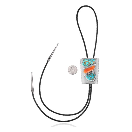 Handmade Certified Authentic Navajo .925 Sterling Silver Native American Natural Turquoise Coral Bolo Tie 34180 Handmade Certified Authentic Navajo .925 Sterling Silver Native American Natural Turquoise Coral Bolo Tie 34180