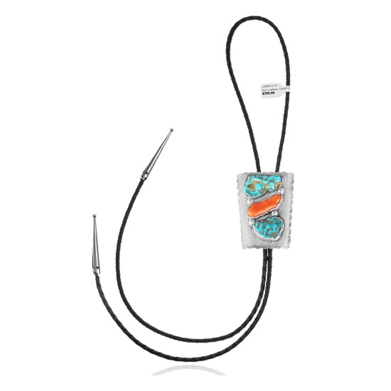 Handmade Certified Authentic Navajo .925 Sterling Silver Native American Natural Turquoise Coral Bolo Tie 34180 Handmade Certified Authentic Navajo .925 Sterling Silver Native American Natural Turquoise Coral Bolo Tie 34180