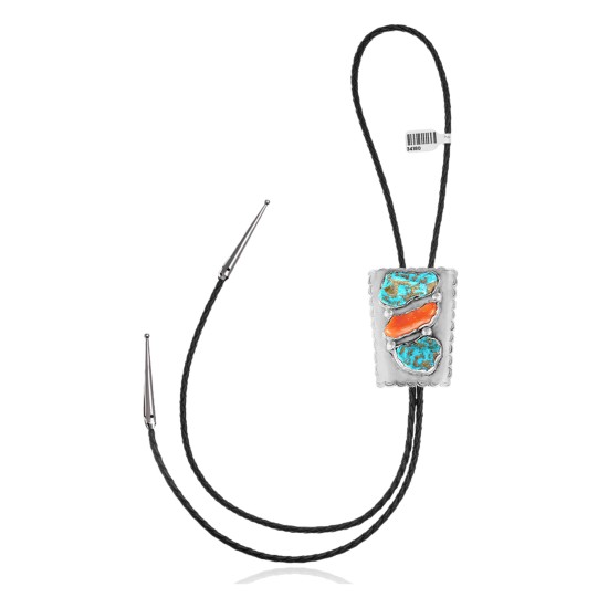 Handmade Certified Authentic Navajo .925 Sterling Silver Native American Natural Turquoise Coral Bolo Tie 34180 Handmade Certified Authentic Navajo .925 Sterling Silver Native American Natural Turquoise Coral Bolo Tie 34180