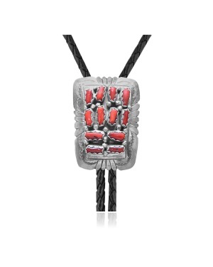 Handmade Certified Authentic Navajo .925 Sterling Silver Native American Coral Bolo Tie 34184