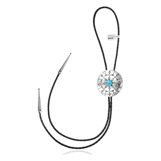 Handmade Certified Authentic Navajo .925 Sterling Silver Native American Natural Turquoise Bolo Tie 34187
