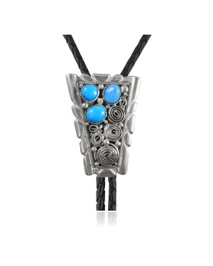 Handmade Certified Authentic Navajo .925 Sterling Silver Native American Natural Turquoise Bolo Tie 34188