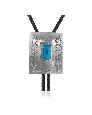 Handmade Certified Authentic Navajo .925 Sterling Silver Native American Natural Turquoise Bolo Tie 34190