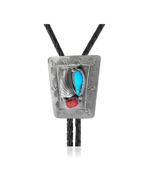 Feather .925 Sterling Silver Certified Authentic Handmade Navajo Native American Natural Turquoise Coral Bolo Tie 34191