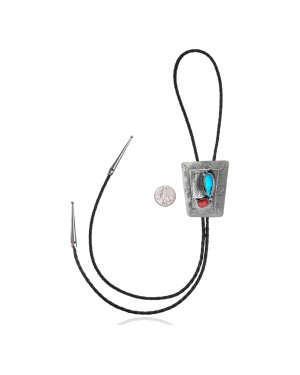 Feather .925 Sterling Silver Certified Authentic Handmade Navajo Native American Natural Turquoise Coral Bolo Tie 34191
