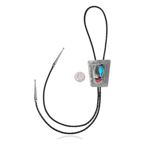 Feather .925 Sterling Silver Certified Authentic Handmade Navajo Native American Natural Turquoise Coral Bolo Tie 34191