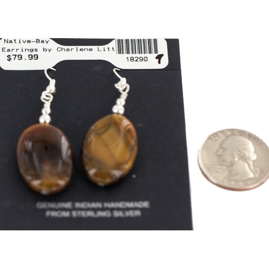 .925 Sterling Silver Hooks Certified Authentic Navajo Natural Tigers Eye Native American Dangle Earrings 18290-9