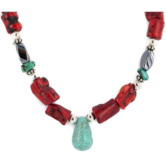 .925 Sterling Silver Certified Authentic Navajo Natural Turquoise Hematite Coral Native American Necklace 750224-9