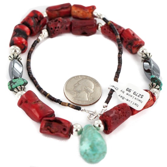 .925 Sterling Silver Certified Authentic Navajo Natural Turquoise Hematite Coral Native American Necklace 750224-9