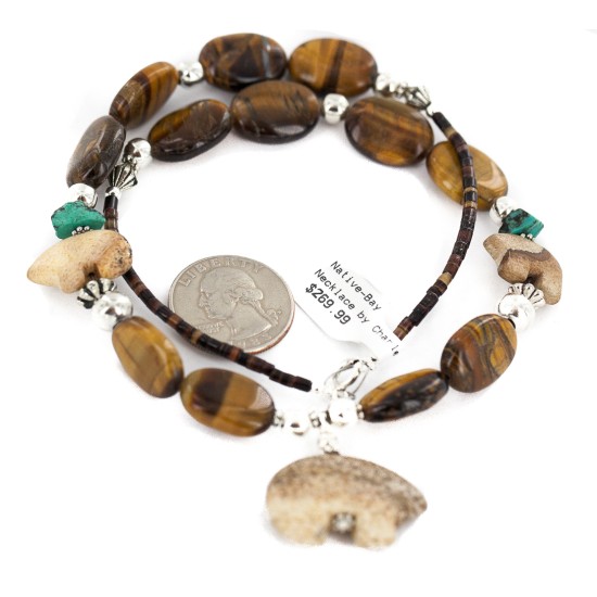 .925 Sterling Silver Certified Authentic Navajo Natural Turquoise Jasper Tigers Eye Heishi Native American Necklace 25342-1