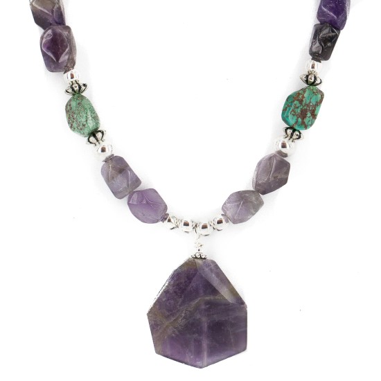 .925 Sterling Silver Certified Authentic Navajo Natural Turquoise Amethyst Native American Necklace 25342-3 .925 Sterling Silver Certified Authentic Navajo Natural Turquoise Amethyst Native American Necklace 25342-3