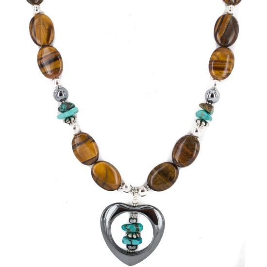 .925 Sterling Silver Heart Certified Authentic Navajo Natural Turquoise Hematite Tigers Eye Heishi Native American Necklace 750224-10