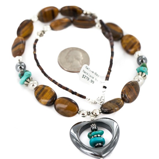 .925 Sterling Silver Heart Certified Authentic Navajo Natural Turquoise Hematite Tigers Eye Heishi Native American Necklace 750224-10