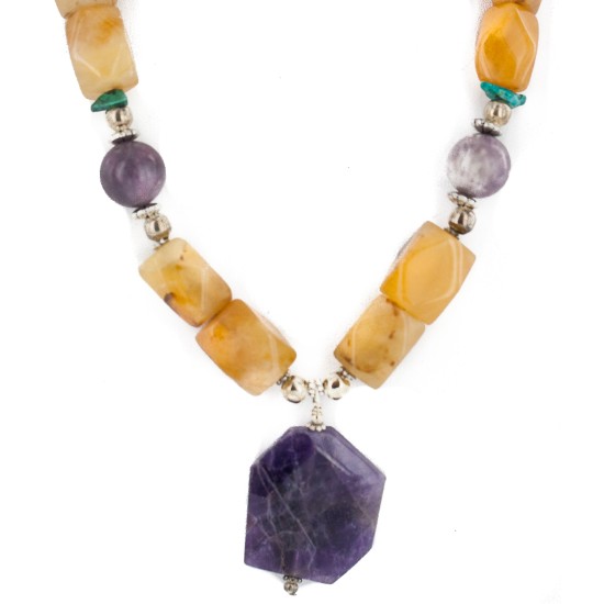 .925 Sterling Silver Certified Authentic Navajo Natural Turquoise Agate Charoite Amethyst Native American Necklace 25342-2