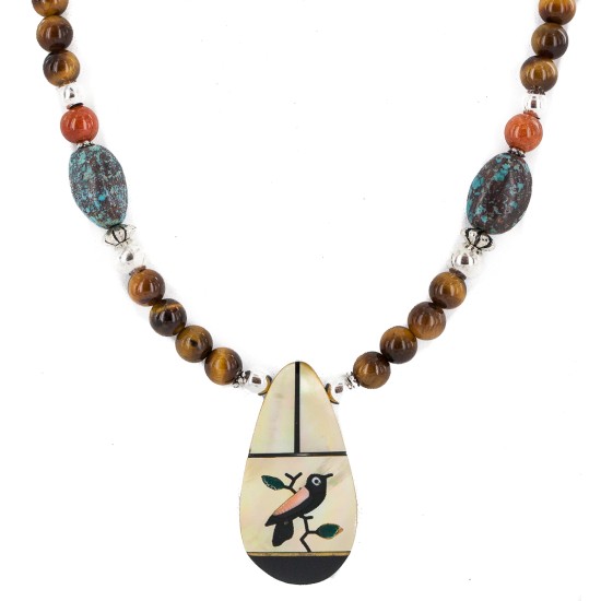 Bird Certified Authentic Navajo .925 Sterling Silver Inlay Natural Spiderweb Turquoise Mother of Pearl Hematite Tigers Eye Native American Necklace 750224-2