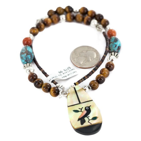 Bird Certified Authentic Navajo .925 Sterling Silver Inlay Natural Spiderweb Turquoise Mother of Pearl Hematite Tigers Eye Native American Necklace 750224-2