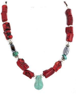 .925 Sterling Silver Certified Authentic Navajo Natural Turquoise Hematite Coral Native American Necklace 750224-9