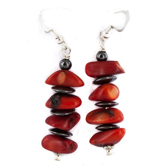 .925 Sterling Silver Hooks Certified Authentic Navajo Natural Hematite Coral Native American Dangle Earrings 18289-2