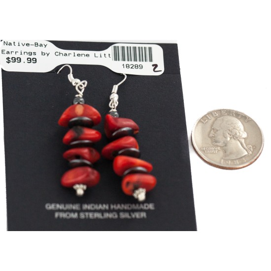 .925 Sterling Silver Hooks Certified Authentic Navajo Natural Hematite Coral Native American Dangle Earrings 18289-2