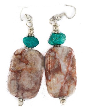 .925 Sterling Silver Hooks Certified Authentic Navajo Natural Turquoise Jasper Native American Dangle Earrings 18289-1