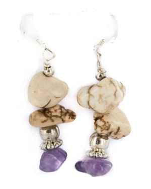 .925 Sterling Silver Hooks Certified Authentic Navajo Natural White Howlite Amethyst Native American Dangle Earrings 18291-5