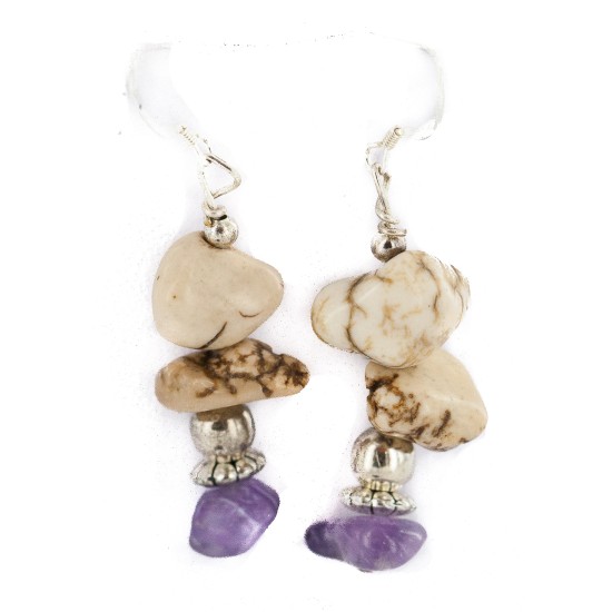 .925 Sterling Silver Hooks Certified Authentic Navajo Natural White Howlite Amethyst Native American Dangle Earrings 18291-5