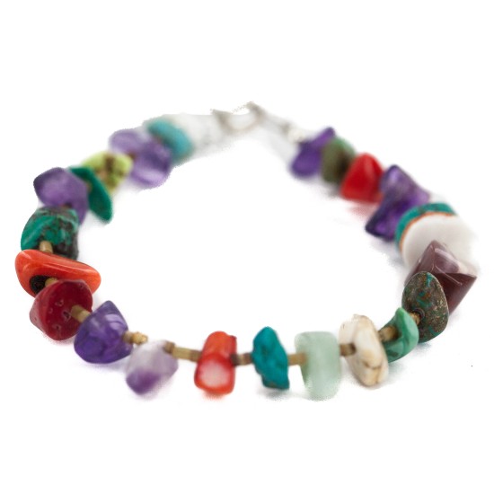 .925 Sterling Silver Navajo Certified Authentic Natural Turquoise Multicolor Stones Native American Bracelet 13174-1