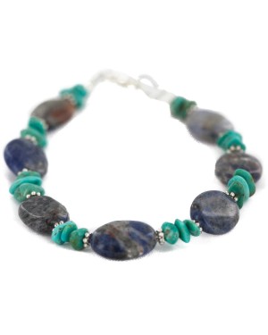 Navajo .925 Sterling Silver Certified Authentic Natural Turquoise Lapis Native American Bracelet 13174-2