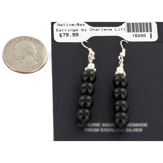 .925 Sterling Silver Hooks Certified Authentic Navajo Natural Black Onyx Native American Earrings 18290-1