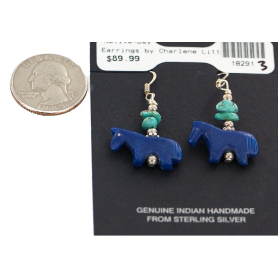 Carved Fetish Horse .925 Sterling Silver Hooks Certified Authentic Navajo Natural Turquoise Native American Dangle Earrings 18291-3