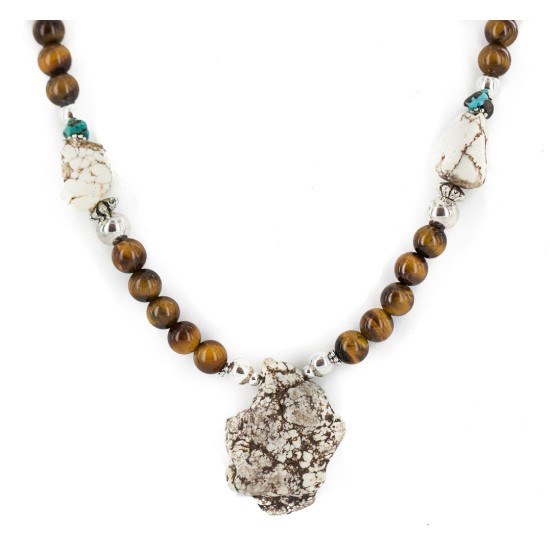 .925 Sterling Silver Certified Authentic Navajo White Howlite Tigers Eye Native American Necklace 750224-3