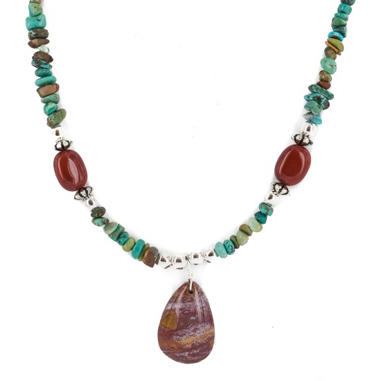 .925 Sterling Silver Certified Authentic Navajo Natural Turquoise Red Jasper Native American Necklace 750225-3