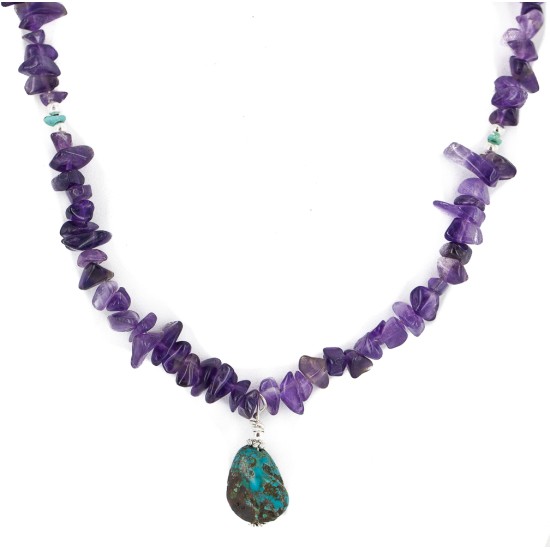 .925 Sterling Silver Certified Authentic Navajo Natural Turquoise Amethyst Native American Necklace 750225-1