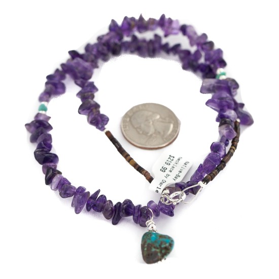.925 Sterling Silver Certified Authentic Navajo Natural Turquoise Amethyst Native American Necklace 750225-1