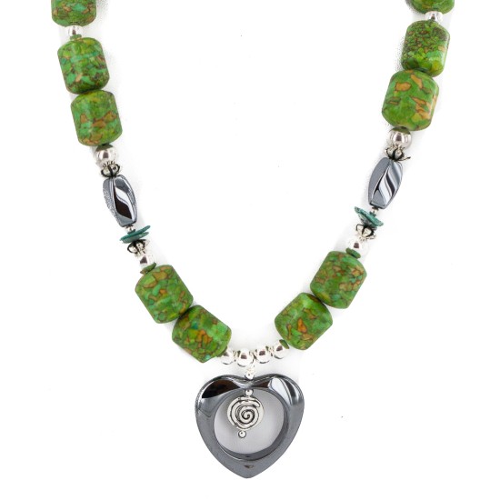 Heart .925 Sterling Silver Certified Authentic Navajo Natural Turquoise Hematite Gaspeite Native American Necklace 750226-4