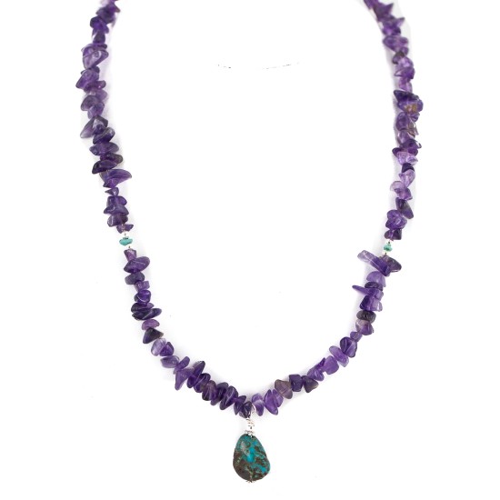 .925 Sterling Silver Certified Authentic Navajo Natural Turquoise Amethyst Native American Necklace 750225-1