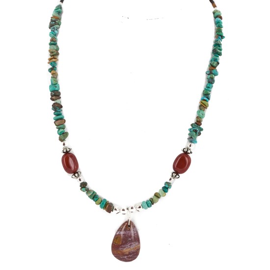 .925 Sterling Silver Certified Authentic Navajo Natural Turquoise Red Jasper Native American Necklace 750225-3