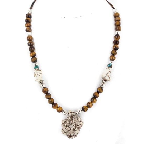 .925 Sterling Silver Certified Authentic Navajo White Howlite Tigers Eye Native American Necklace 750224-3