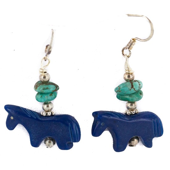 Carved Fetish Horse .925 Sterling Silver Hooks Certified Authentic Navajo Natural Turquoise Native American Dangle Earrings 18291-3