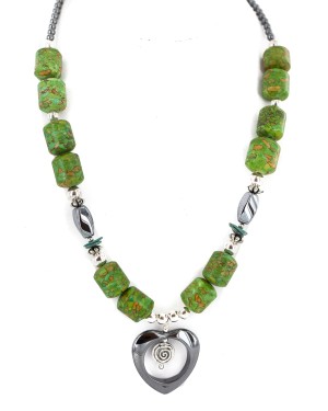 Heart .925 Sterling Silver Certified Authentic Navajo Natural Turquoise Hematite Gaspeite Native American Necklace 750226-4