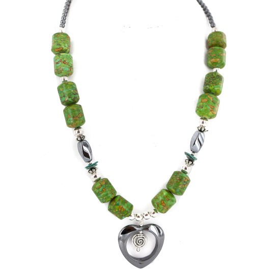 Heart .925 Sterling Silver Certified Authentic Navajo Natural Turquoise Hematite Gaspeite Native American Necklace 750226-4